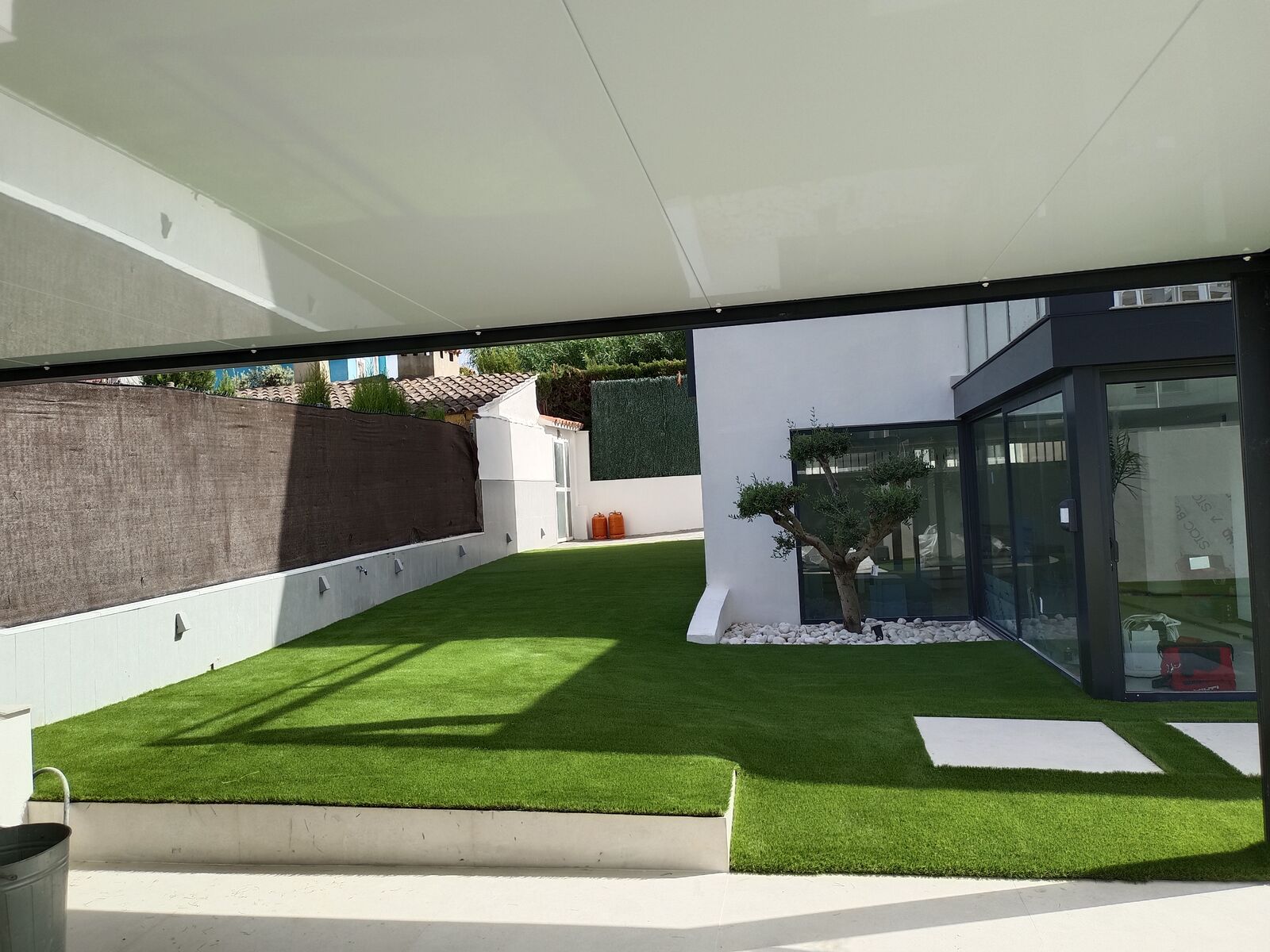 Jardín con olivo y pérgola